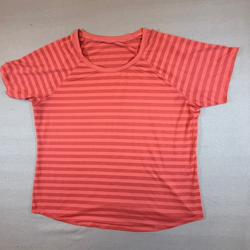 Kyodan Womens Short Sleeve Activewear Coral Pink Striped Mesh Knit Size L 1993